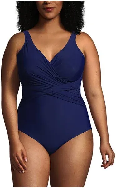 Lands' End Women's Plus Size SlenderSuit Tummy Control Chlorine Resistant Wrap One Piece Swimsuit