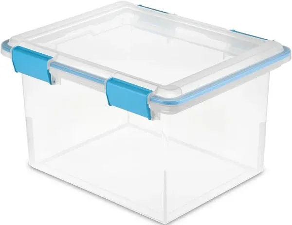 Sterilite 20 Qt Gasket Box, Stackable Storage Bin with Latching Lid and Tight Seal, Plastic Container to Organize Basement, Clear Base and Lid, 6-Pack