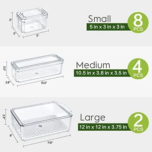 14 Pack Fridge Organizers, Refrigerator Organizer Bins with Lids, BPA Free Stackable Fruit Storage Containers for Fridge, Vegetables, Food and Drinks