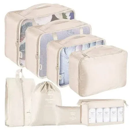 Packing Cubes - 8 PCS Travel Luggage Organizers Set Waterproof Suitcase Organizer Bags Travel Essentials Clothes Shoes Cosmetics Toiletries Storage Bags (Beige)