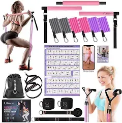 Portable Pilates Bar Kit with Resistance Bands for Men and Women - 3 Set Exercis