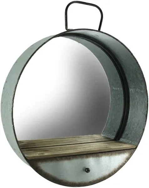 Rustic Galvanized Metal Tub Frame Round Wall Mirror with Drawer