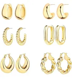 6 Pairs Gold Hoop Earrings for Women, 14K Gold Plated Lightweight Chunky Hoop Earrings Set Hypoallergenic, Thick Open Huggie Hoops Earrings Jewelry for Gifts.