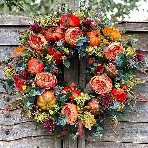 Artificial Fall Wreaths for Front Door Rustic Autumn Wreath with Pumpkin,Rose,Berry Branchesm,Mixed Leaves Thanksgiving Wreath Fall Door Wreath for Halloween Thanksgiving Indoor Outdoor Decor (17.7in)