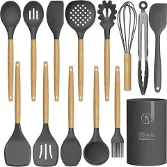 Oannao 14 Pcs Silicone Cooking Utensils Kitchen Utensil Set 446°F Heat Wooden Gray