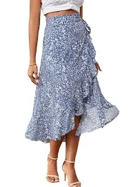 LYANER Women's Floral Print Wrap Front Self Tie Knot Ruffle Hem Split Midi Skirt