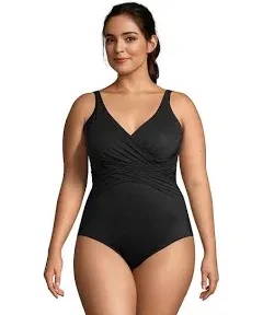 Lands End Womens\u205fPlus Size SlenderSuit Tummy Control V-neck Wrap One Piece Swims