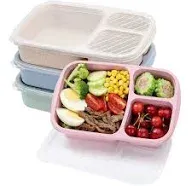 buluker 4 Pack Bento Lunch Box Set 3 Compartment Wheat Straw Meal Prep Food Storage Containers Plastic, Microwave and Dishwasher Safe (3 Compartment)