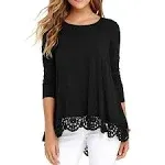 Jwd Women's Long Sleeve Lace Trim O-Neck A Line Tunic Blouse