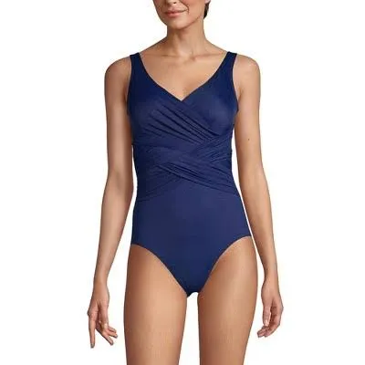 Lands' End Womens Slender Suit Wrap One Piece Swimsuit Deep Sea Navy Long Torso 12