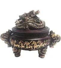 Feng Shui Dragon Incense Holder Burner with Lid and Incense Stand Mahogany E