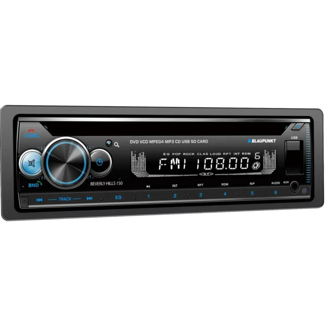 BLAUPUNKT BEVERLYHILLS150 Multimedia Car Stereo - 120W Peak Power, Bluetooth Connectivity, Hands-Free Calling, Detachable Faceplate, DVD & CD Receiver, USB/SD, AM/FM, Remote Control