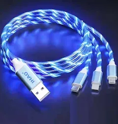 IHAO 3 in 1 Multi Connectors Charger Cable Micro USB/USB Type C PD Fast Charging Cord Light Up RGB Current Flowing Compatible with All Kinds of Cell Phones and Other Electric Products-RGB 39 inch