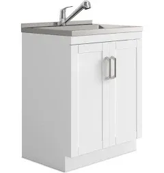 Simpli Home Kyle 24 inch Laundry Cabinet with Faucet and Stainless Steel Sink in White