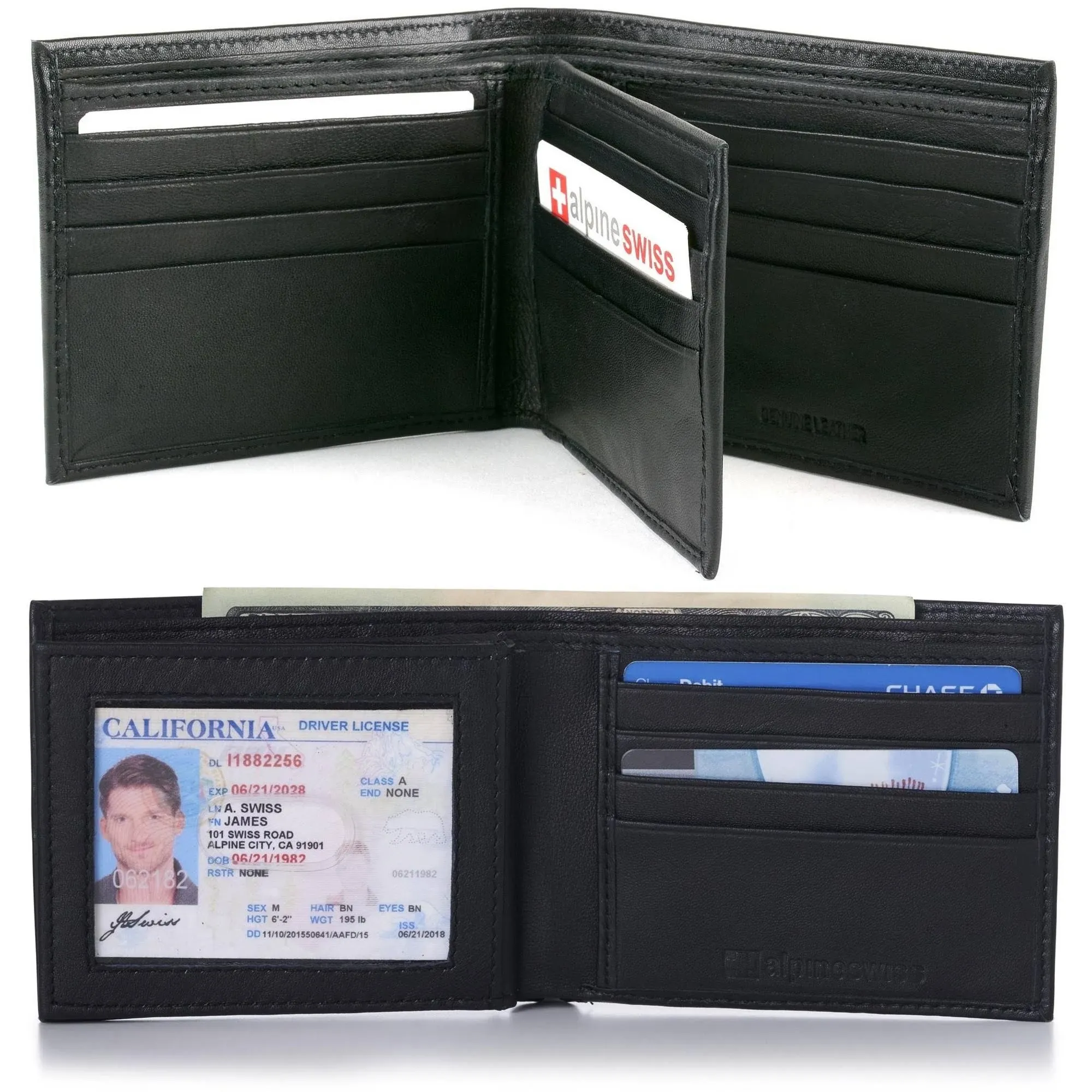 Alpine Swiss Men's Wallet Trifold Bifold Billfolds to Choose from Genuine Leather - Black - Wallets