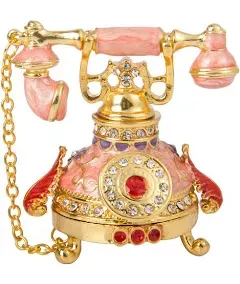 QIFU Vintage Small Pink Telephone Shaped Trinket Box with Rich Enamel and Sparkling Rhinestones Unique Gift for Family