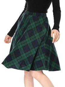 Allegra K Women's Plaids Vintage Tartan Elastic Waist Knee Length A-Line Skirt