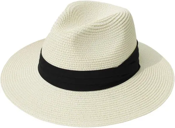 Lanzom Women Wide Brim Straw Panama Roll Up Hat Fedora Beach Sun Hat Upf50+ (Beige)