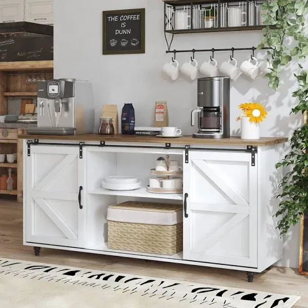 Farmhouse Coffee Bar Cabinet, 58”Kitchen Coffee Bar Cabinet with Storage, White Coffee Bar with Sliding Barn Door for Dinning Room, Living Room