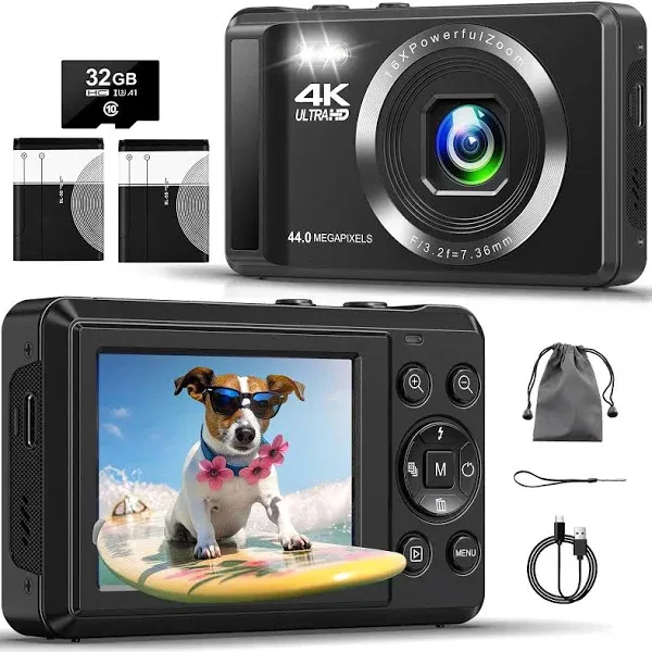 Digital Camera - 4K Digital Cameras for Photography - 44MP UHD Point and Shoot Camera for Kids - Autofocus Small Compact Cameras 16X Zoom - Portable Vlogging Camera with 32GB Card for Teens Girls Boys