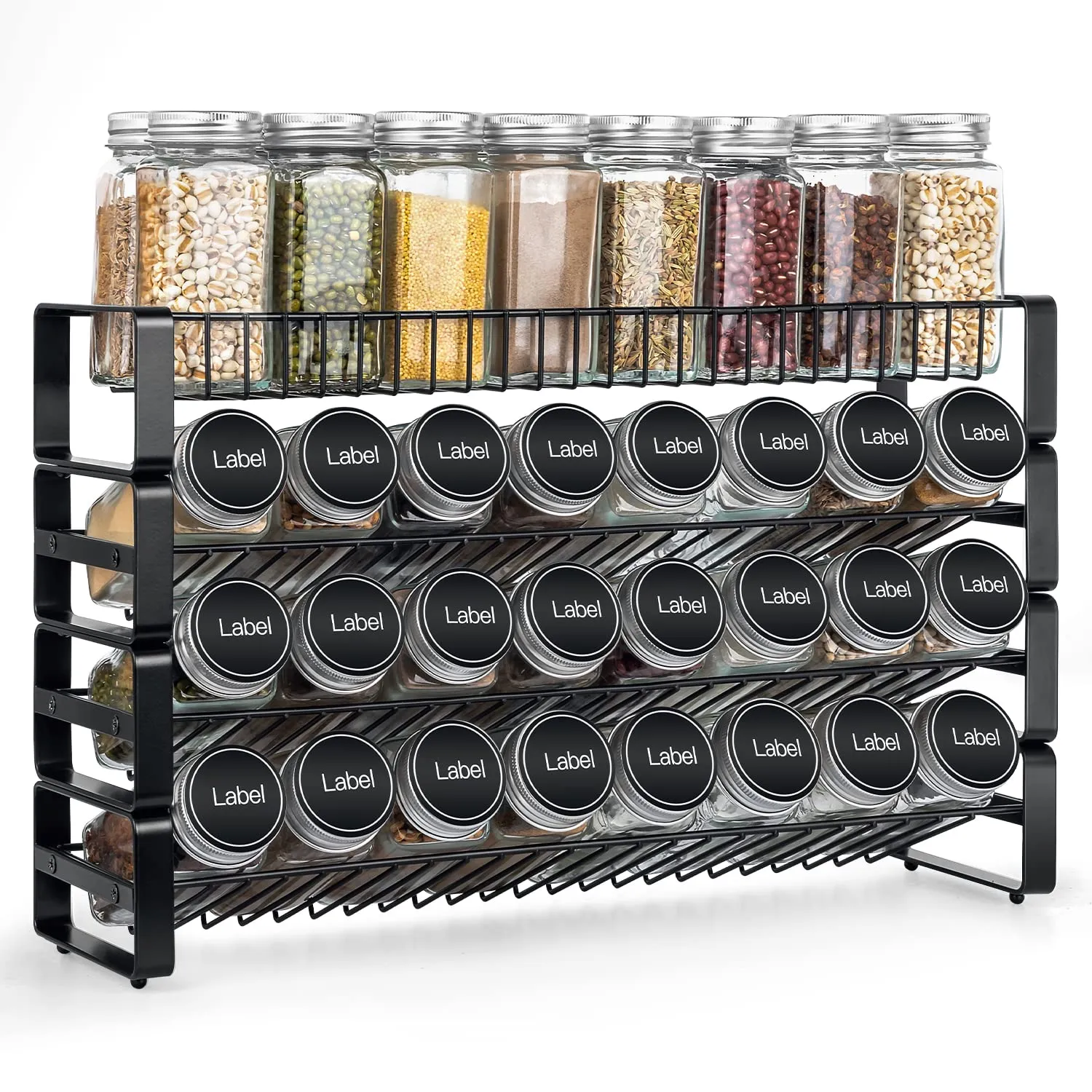 JONYJ 4 Tier Stackable Seasoning Rack Organizer, Detachable Countertop Spice Jar Rack for Cabinet, Freestanding , Black Frosted Iron Kitchen Counter Shelf