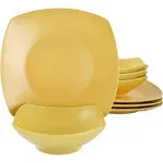 Gibson Home 8 Piece Square Stoneware Dinnerware Set in Matte Yellow Freesia