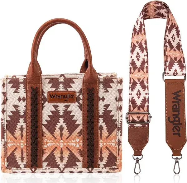 Wrangler Southwestern Aztec Print Canvas Tote Crossbody Bag Light Coffee