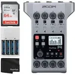 Zoom PodTrak P4 Portable Multitrack Podcast Recorder + 64gb Ultra SDXC Memory Card + 4X AA Batteries & Charger + Cleaning Cloth