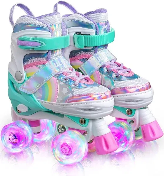 SULIFEEL Rainbow Unicorn 4 Size Adjustable Light Up Roller Skates for Girls Boys for Kids Small