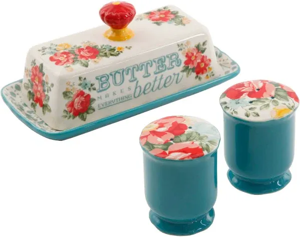 The Pioneer Woman Vintage Floral Salt and Pepper and Butter Dish Set