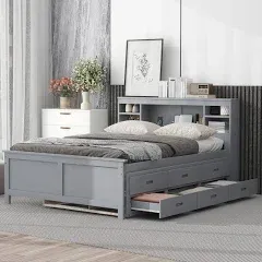 Harper & Bright Designs Full Size Bed with Bookcase Headboard, Wooden Full Size Platform Bed with Trundle and Storage Drawers,Full Storage Bed with USB Ports Outlets for Kids Girls Boys, Grey