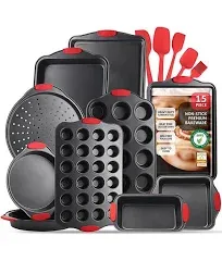 15-Piece Nonstick Black Steel Bakeware Set with Silicone Handles