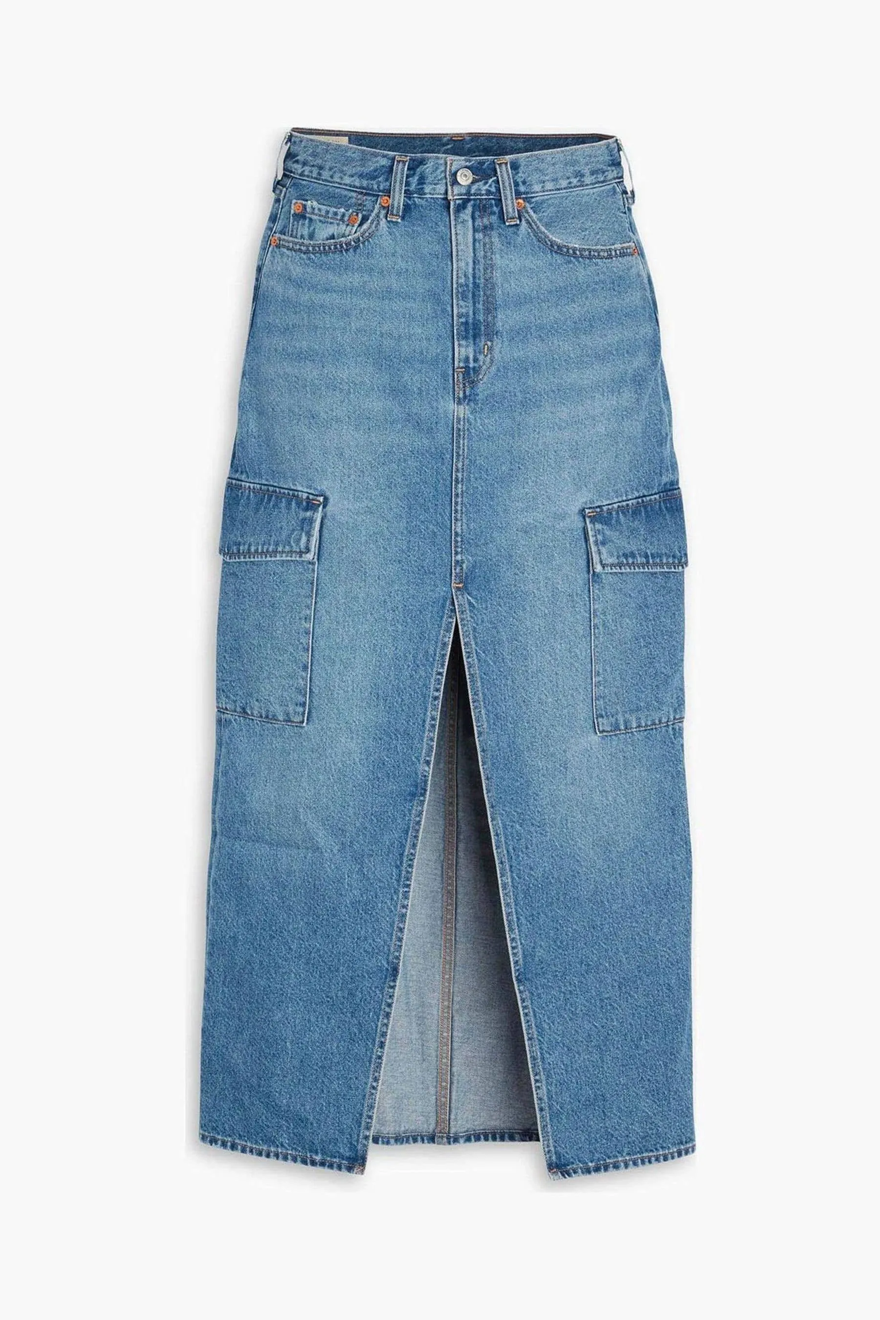 Levi's Ankle Column Cargo Denim Skirt in Mid Blue