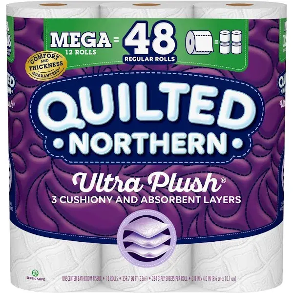 Quilted Northern Ultra Plush 3-ply Toilet Paper, Mega Rolls, 6 Count (Pack of 1)