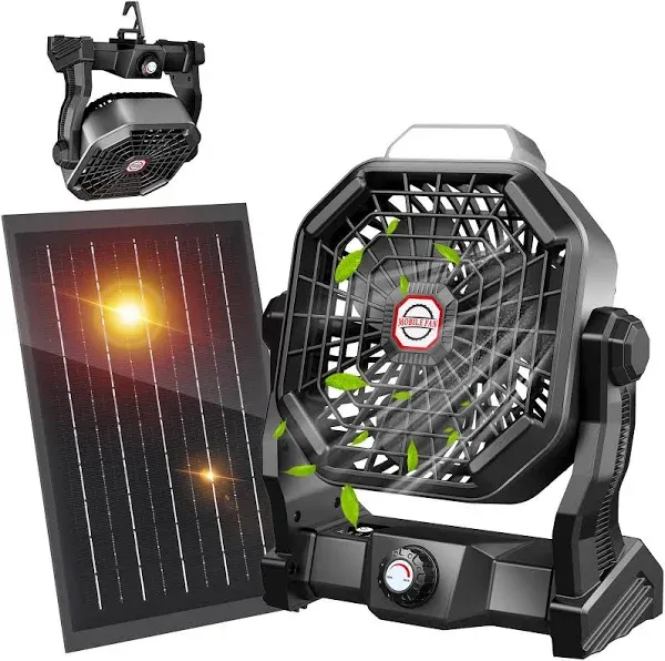 10400mAh Solar fan with LED Lantern, Camping Fan with Solar Panel, 7W Rechargeable Solar Powered Fan for Outside, Quiet Battery Operated Tent Fan for Picnic, Barbecue, Fishing, Travel