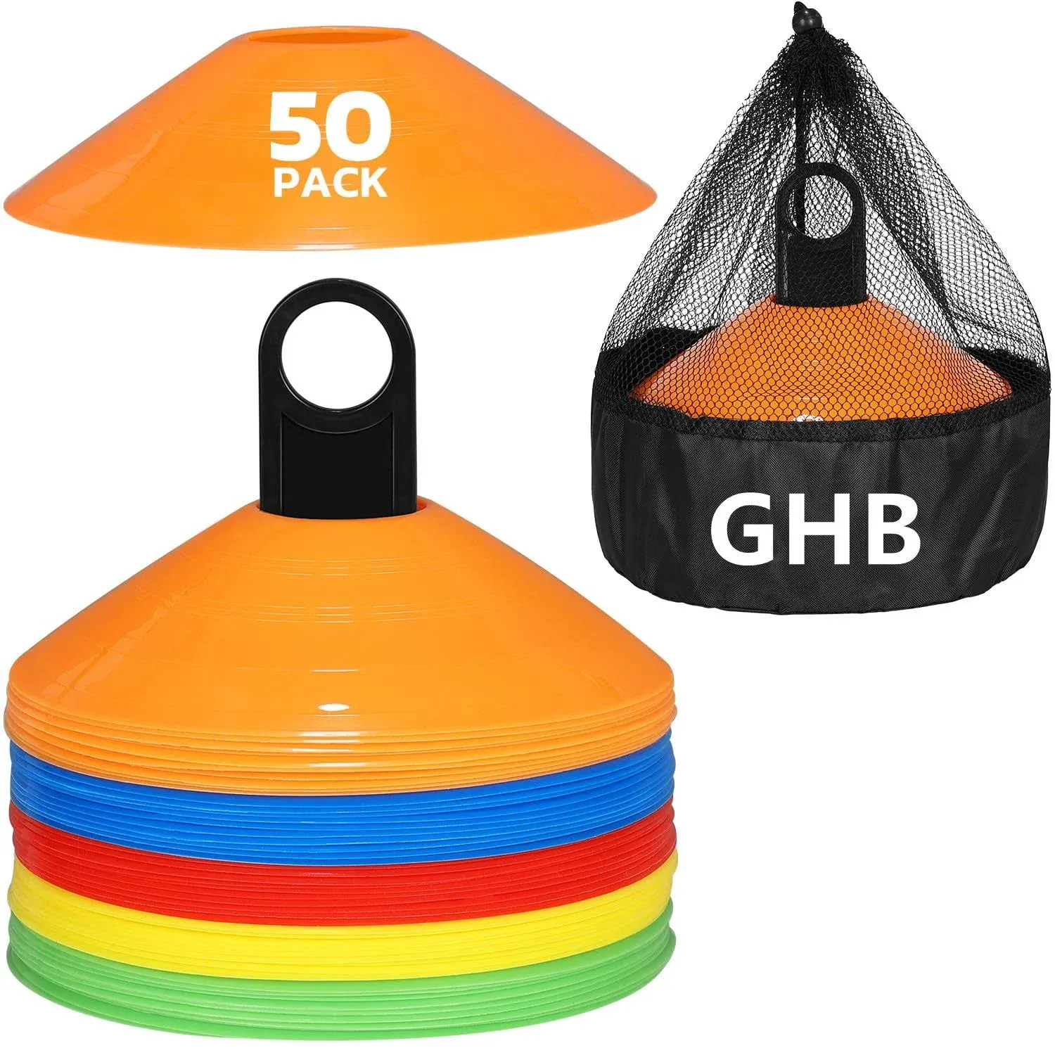 GHB Disc Cones 50 Pack Soccer Cones Sport Cones Training with Carry Bag and Holder for Football