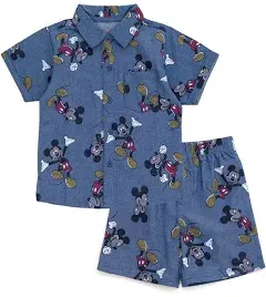 Kid Newborn Disney Mickey Mouse Chambray Hawaiian Button Down Shirt and Shorts Outfit Set