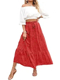 Women's Boho Ruffle A-Line Flowy Maxi Skirt