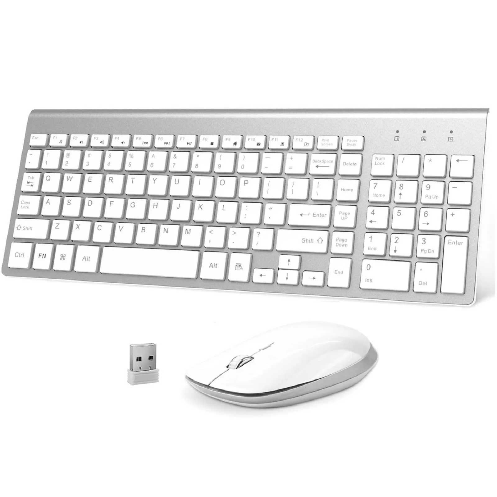 Wireless Keyboard and Mouse Combo, FENIFOX USB Slim 2.4G Full Size Ergonomic Compact with Number Pad for Laptop Mac PC Computer Windows -Silver White