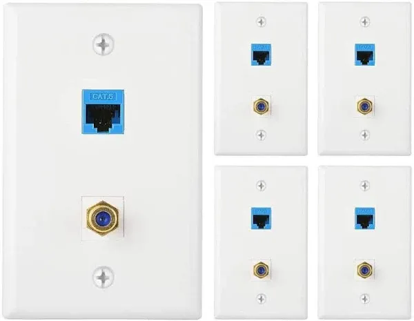 Newhouse Hardware Ethernet & Coaxial Wall Plate, White, 5-Pack