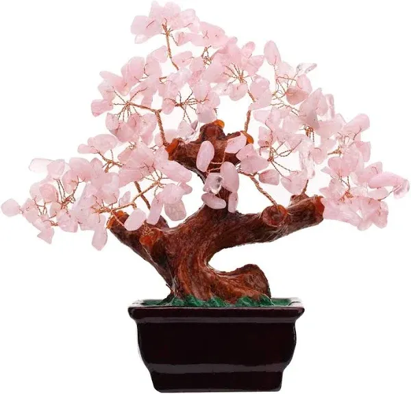 Feng Shui Natural Rose Pink Quartz Crystal Money Tree Bonsai Style Decoration