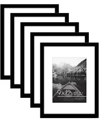 Americanflat 5 Pack of 9x12 Frames with 6x8 Mat - Plexiglass Cover - Black