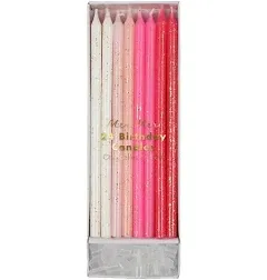 Tall Pink Glitter Candles, Set of 24 Large Birthday Candles in a Range of Beautiful Pink Shades