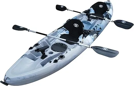 BKC TK219 12.2' Tandem Fishing Kayak | 2-3 Person Angler Kayak | Padded Seats, Paddles, 6 Rod Holders | Grey Camo