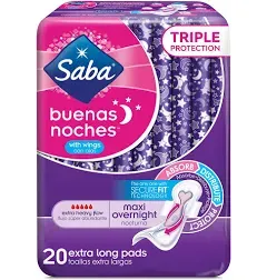 Saba Buenas Noches Maxi Pads Overnight with Wings, 120 Count (6 Packs of 20)