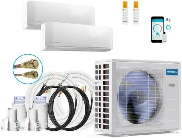 MRCOOL DIY 4th Generation Mini Split 21K BTU 2 Zone Ductless Air Conditioner With Heat Pump and Install Kit DIYM218HPW01C