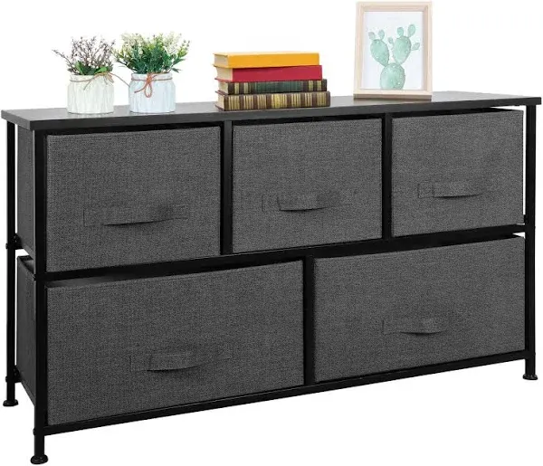 Super Deal Wide Dresser for Bedroom, 5 Drawer Fabric Storage Organizer Chest Heavy Duty Steel Frame Wood Top for Kids Toys Livingroom Closet Nursery