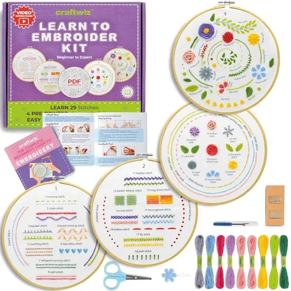 Craftwiz 4 Set Embroidery Starter Kit, Embroidery Kit for Beginners Adults and Kids with Patterns, Beginner Embroidery Kit for Adults, Hand