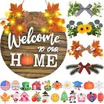 Interchangeabl<wbr/>e Welcome Home Sign, Front Door Decor With 4 Seasonal Wreaths a...