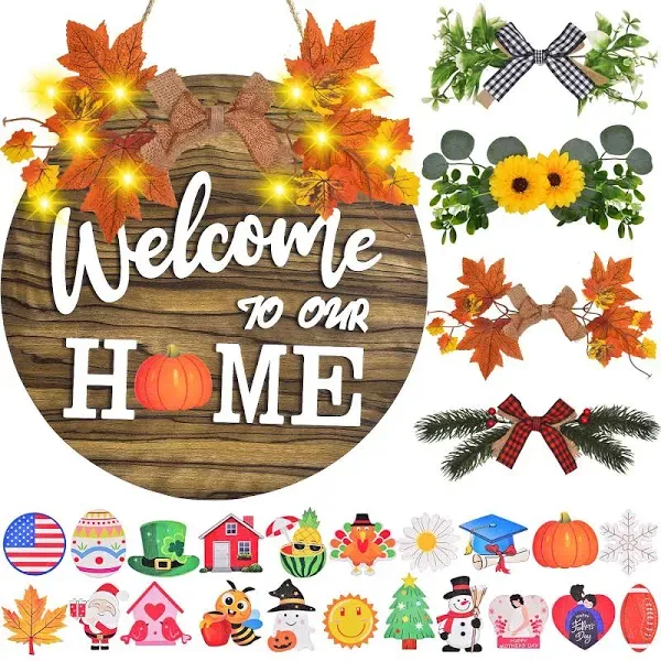 IDATOO Interchangeable Welcome Home Sign, Front Door Decor with 4 Seasonal Wreaths and 21 Changeable Icons, Rustic Wood Wall Porch Hanger for Holiday